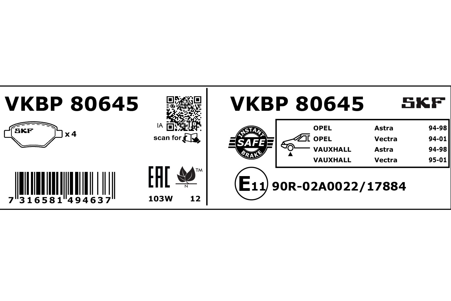 SKF VKBP 80645 Bremsbelagsatz, Scheibenbremse
